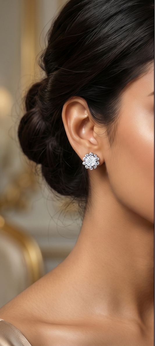 Sunburst Halo Diamond Stud Earrings | Sculpted Prong-Set Radiant Design