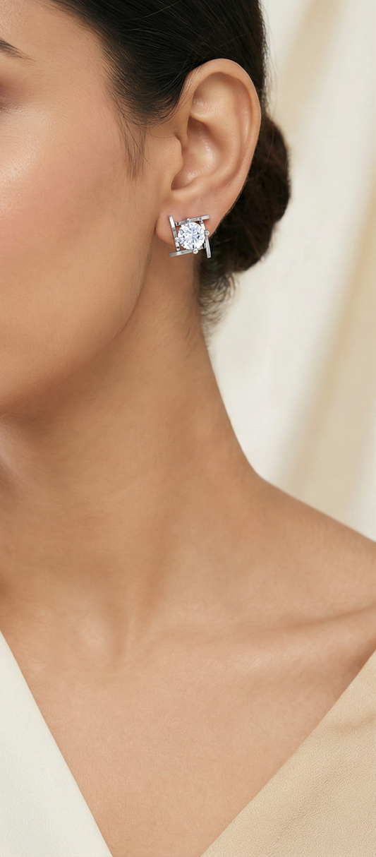Modern Bar Frame Diamond Stud Earrings | Linear Prong-Set Open Design