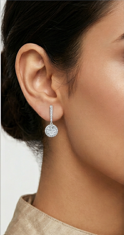 Halo Round Brilliant Cut Diamond English Lock Earrings | Classic Feminine Jewelry