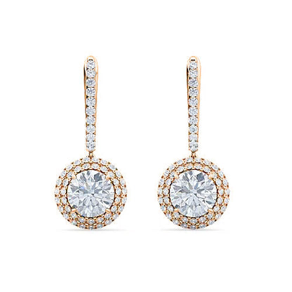 Double Halo Round Brilliant Cut Diamond English Lock Earrings | Classic Feminine Jewelry