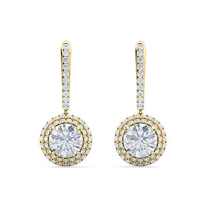 Double Halo Round Brilliant Cut Diamond English Lock Earrings | Classic Feminine Jewelry