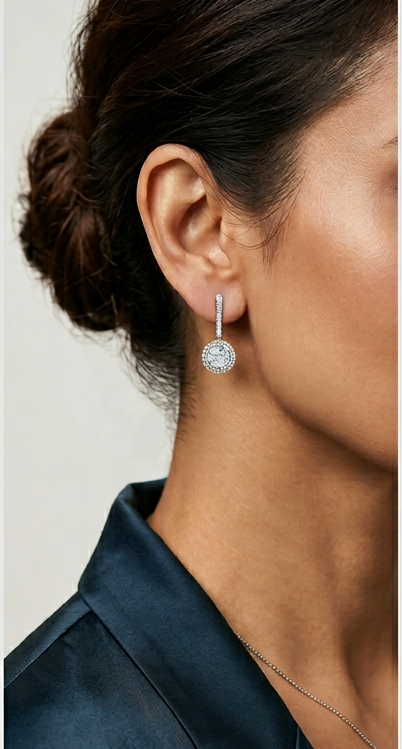 double halo round brilliant cut diamond english lock earrings | classic feminine jewelry