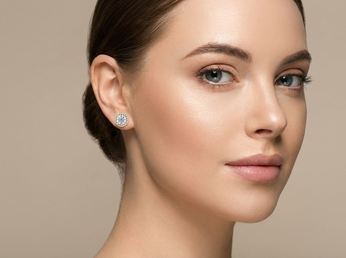 halo diamond stud earrings for women | round brilliant pavé halo framed center diamond