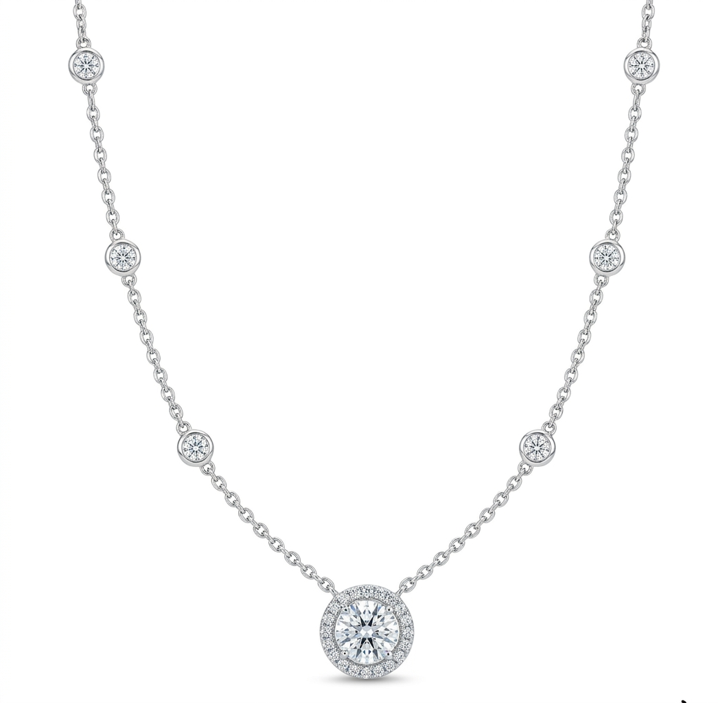halo diamond pendant necklace | bezel-set station chain design