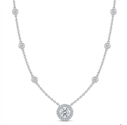 Halo Diamond Pendant Necklace | Bezel-Set Station Chain Design