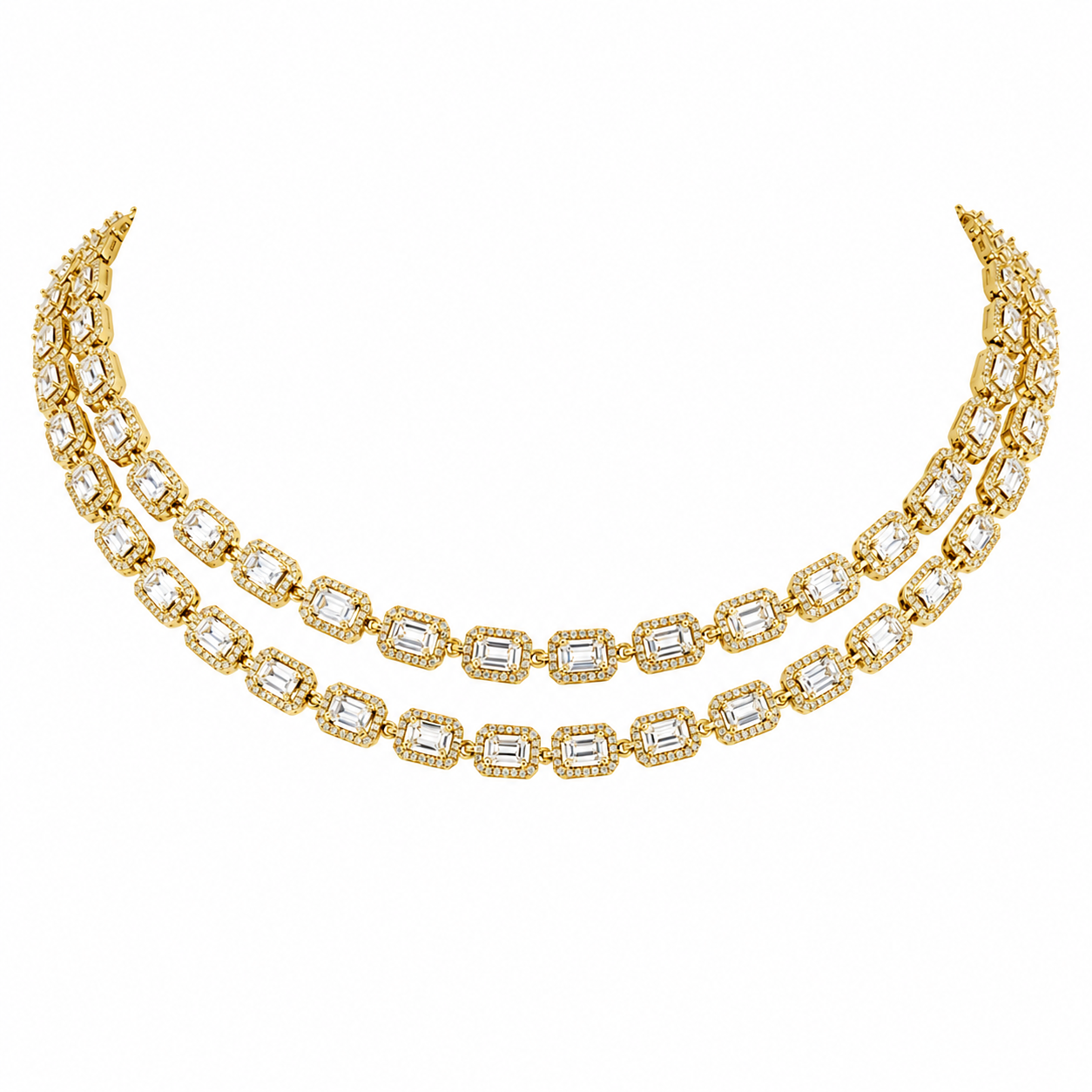 emerald-cut diamond men's necklace | double row link design with halo-set diamonds