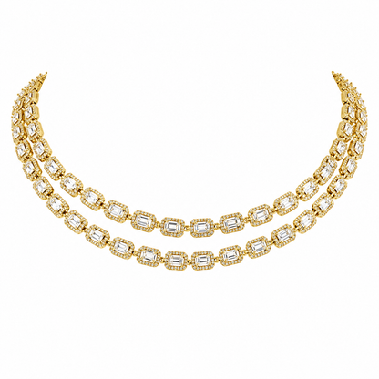 Emerald-Cut Diamond Men's Necklace | Double Row Link Design with Halo-Set Diamonds