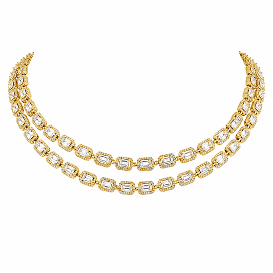 Emerald-Cut Diamond Chain Necklace | Double Row Link Design with Halo-Set Diamonds