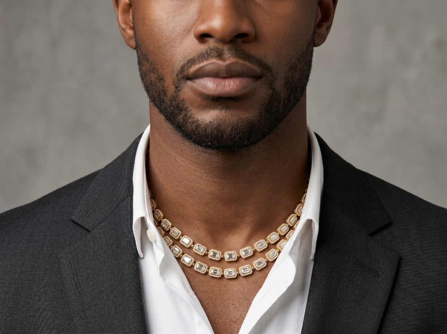 emerald-cut diamond men's necklace | double row link design with halo-set diamonds