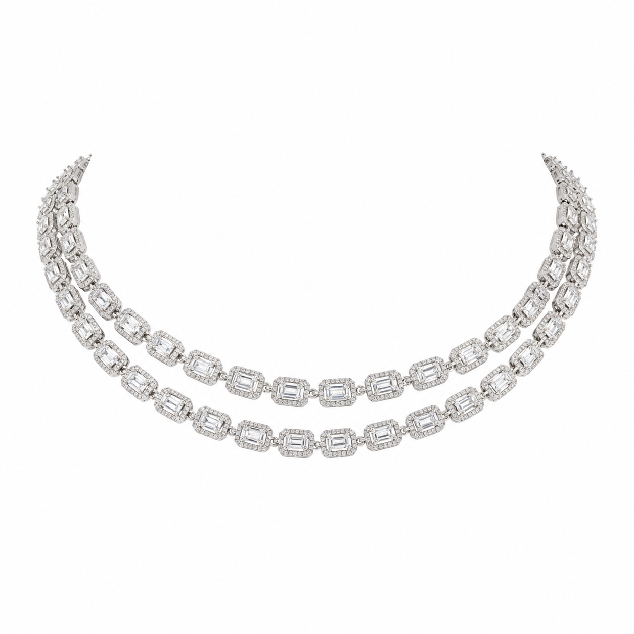 emerald-cut diamond men's necklace | double row link design with halo-set diamonds