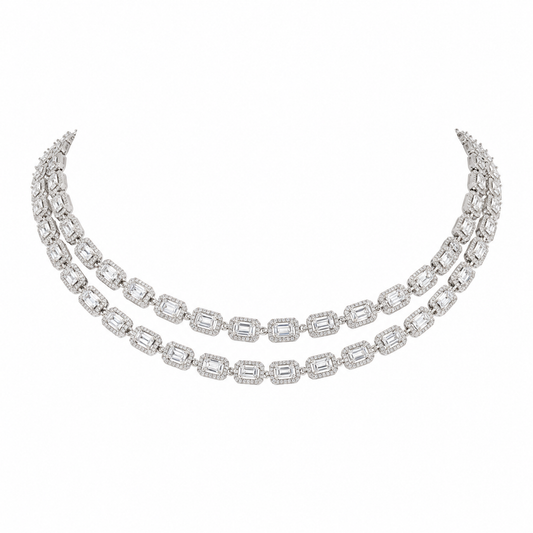 Emerald-Cut Diamond Chain Necklace | Double Row Link Design with Halo-Set Diamonds