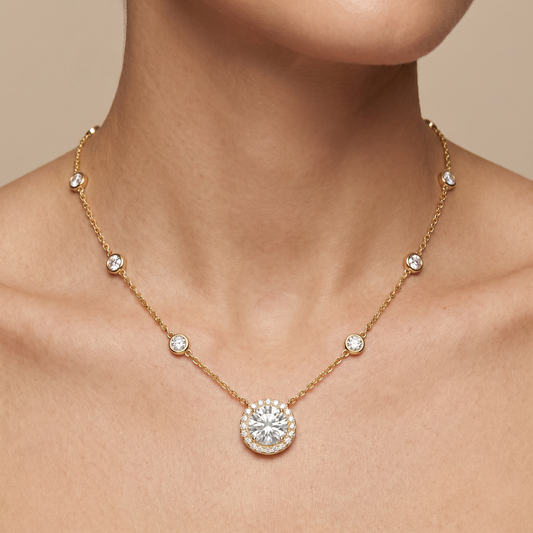 Halo Diamond Pendant Necklace | Bezel-Set Station Chain Design