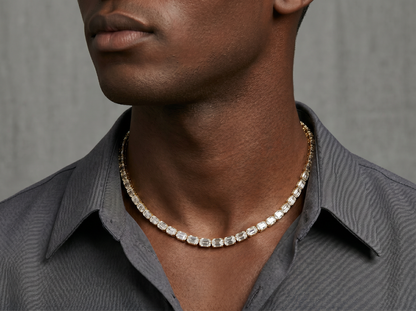 Emerald-Cut Diamond Tennis Chain Men's Necklace | Linear Link Design with Emerald-Cut Diamonds