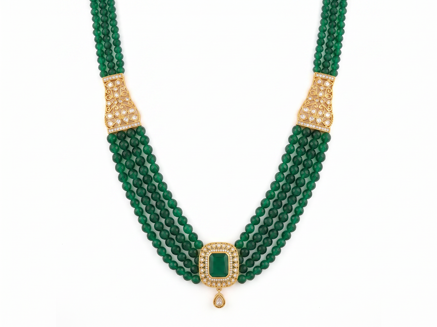 green stone beaded emerald cut diamond necklace for men | multi-strand green beads with emerald-like center & diamond accents