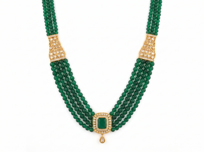 Green Stone Beaded Emerald Cut Diamond Necklace for Men | Multi-Strand Green Beads with Emerald-like Center & Diamond Accents
