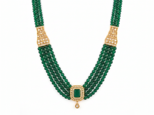 Green Stone Beaded Emerald Cut Diamond Necklace for Men | Multi-Strand Green Beads with Emerald-like Center & Diamond Accents