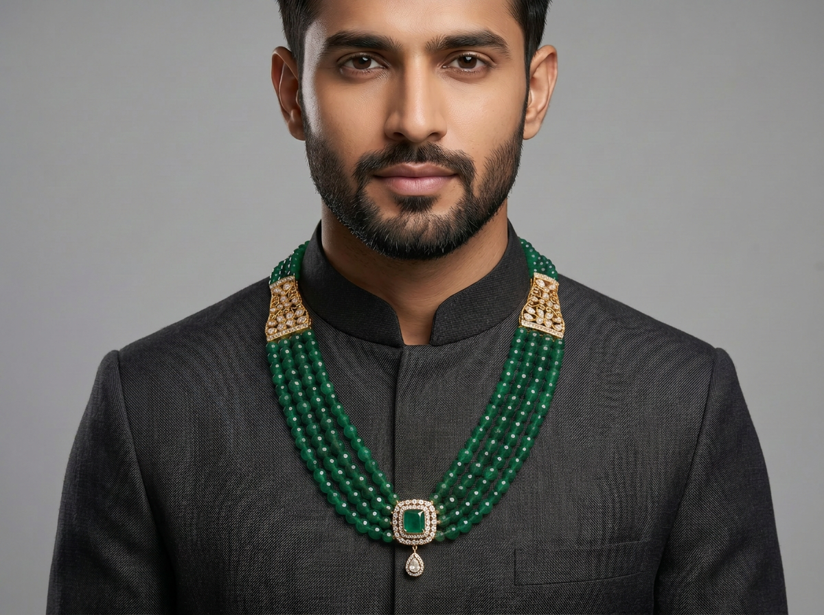 green stone beaded emerald cut diamond necklace for men | multi-strand green beads with emerald-like center & diamond accents