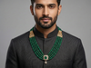 Green Stone Beaded Emerald Cut Diamond Necklace for Men | Multi-Strand Green Beads with Emerald-like Center & Diamond Accents