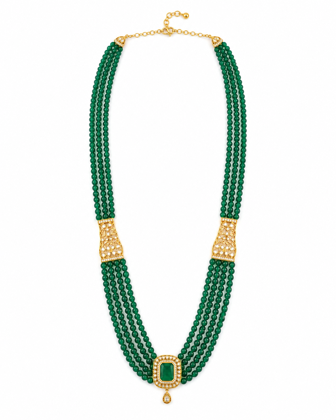 green stone beaded emerald cut diamond necklace for men | multi-strand green beads with emerald-like center & diamond accents