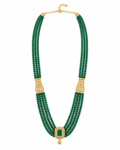 Green Stone Beaded Emerald Cut Diamond Necklace for Men | Multi-Strand Green Beads with Emerald-like Center & Diamond Accents