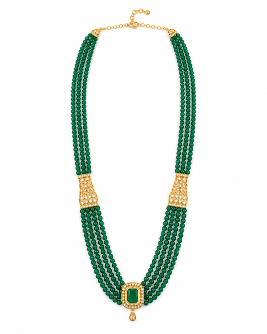 Green Stone Beaded Emerald Cut Diamond Necklace for Men | Multi-Strand Green Beads with Emerald-like Center & Diamond Accents