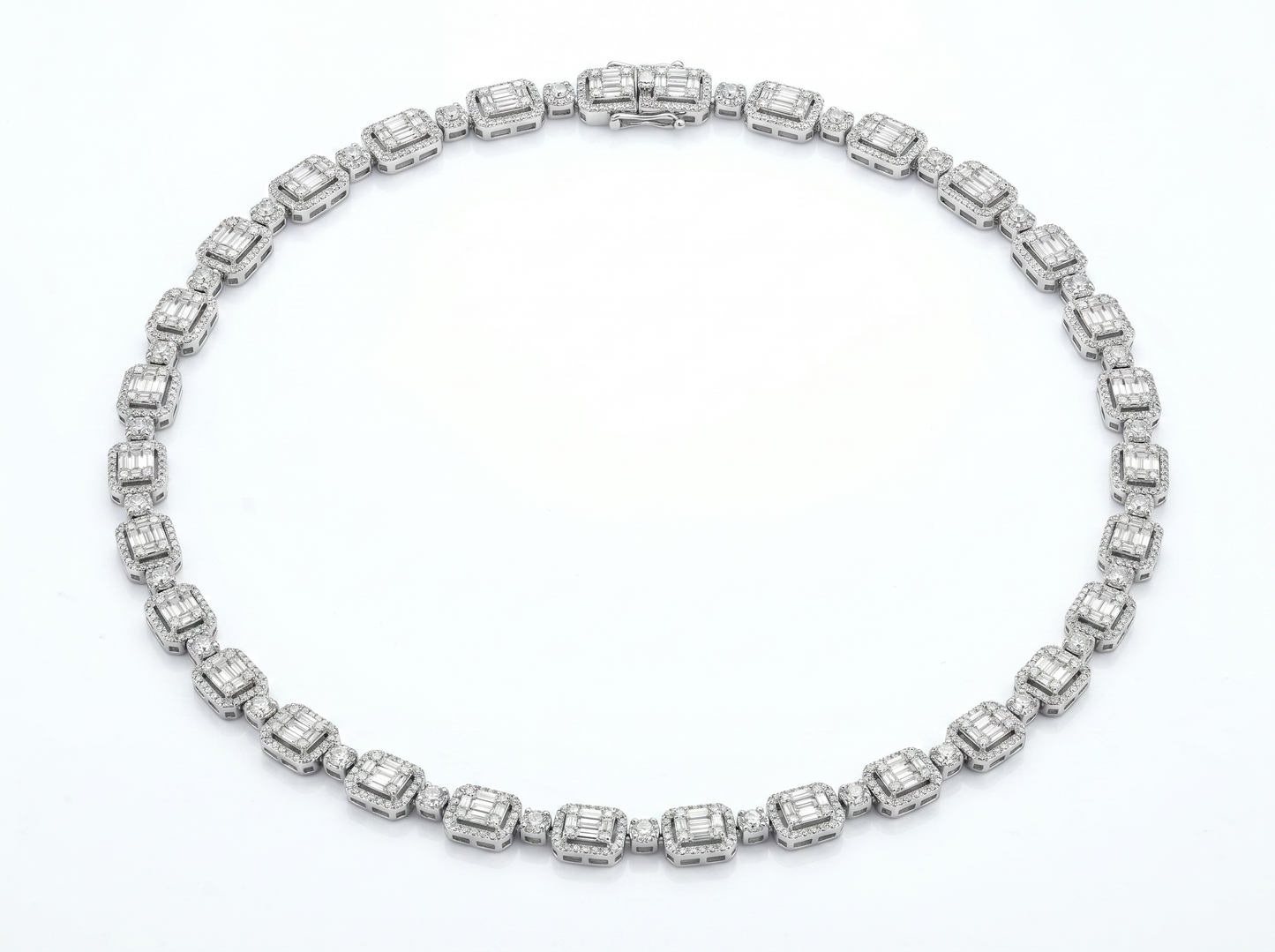 emerald-cut diamond tennis necklace for men | halo set rectangular diamond link design