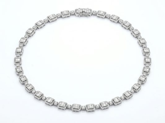 Emerald-Cut Diamond Tennis Necklace for Men | Halo Set Rectangular Diamond Link Design