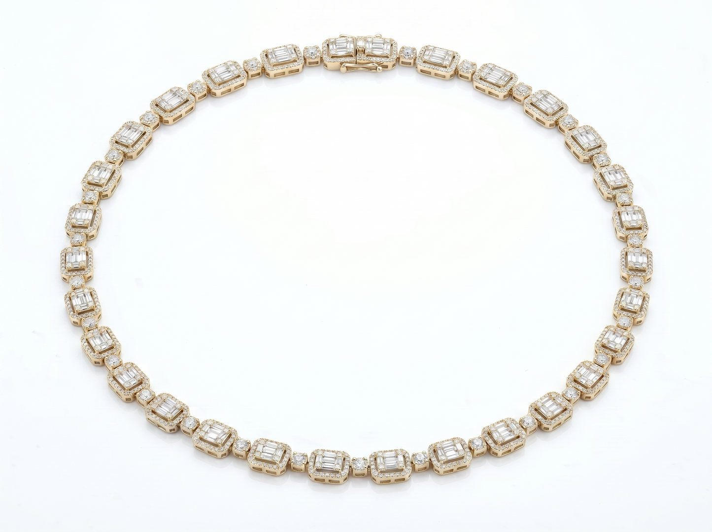 emerald-cut diamond tennis necklace for men | halo set rectangular diamond link design