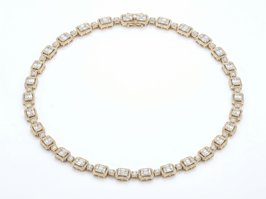 Emerald-Cut Diamond Tennis Necklace for Men | Halo Set Rectangular Diamond Link Design