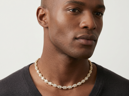 Emerald-Cut Diamond Tennis Necklace for Men | Halo Set Rectangular Diamond Link Design