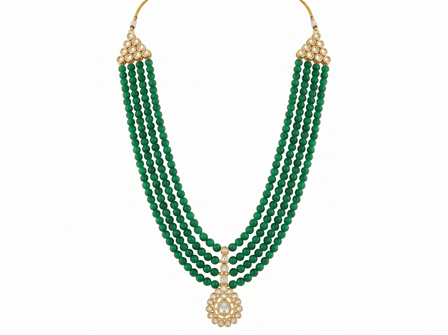 green beaded diamond necklace for men | multi-strand beads with diamond pendant detail