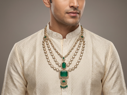 Layered Green Stone & Oval Diamond Statement Necklace | Regal Multi-Strand Design