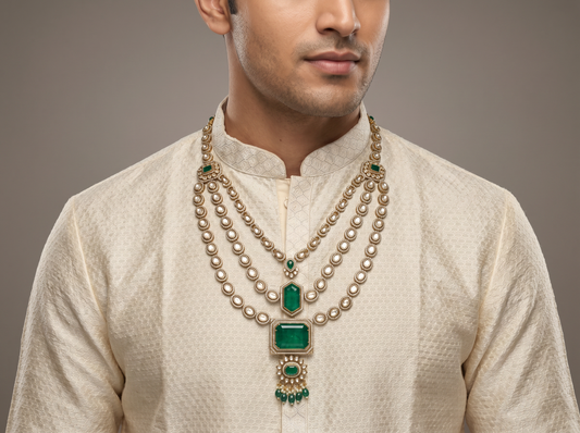 Layered Green Stone & Oval Diamond Statement Necklace | Regal Multi-Strand Design