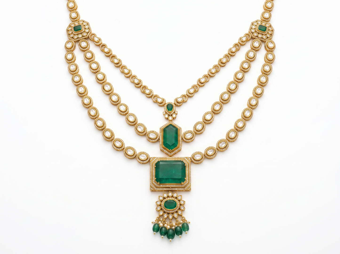 layered green stone & oval diamond statement necklace | regal multi-strand design