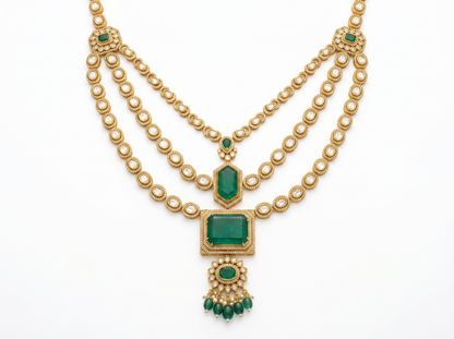 Layered Green Stone & Oval Diamond Statement Necklace | Regal Multi-Strand Design