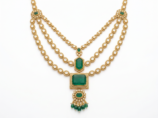 Layered Green Stone & Oval Diamond Statement Necklace | Regal Multi-Strand Design