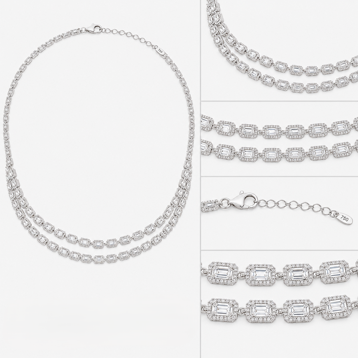 emerald-cut diamond men's necklace | double row link design with halo-set diamonds