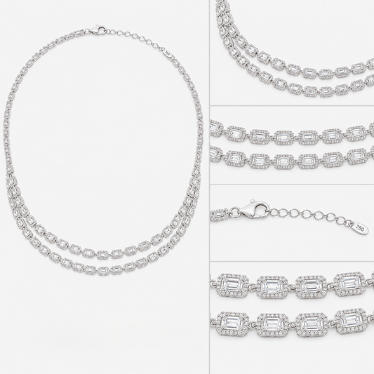 Emerald-Cut Diamond Chain Necklace | Double Row Link Design with Halo-Set Diamonds