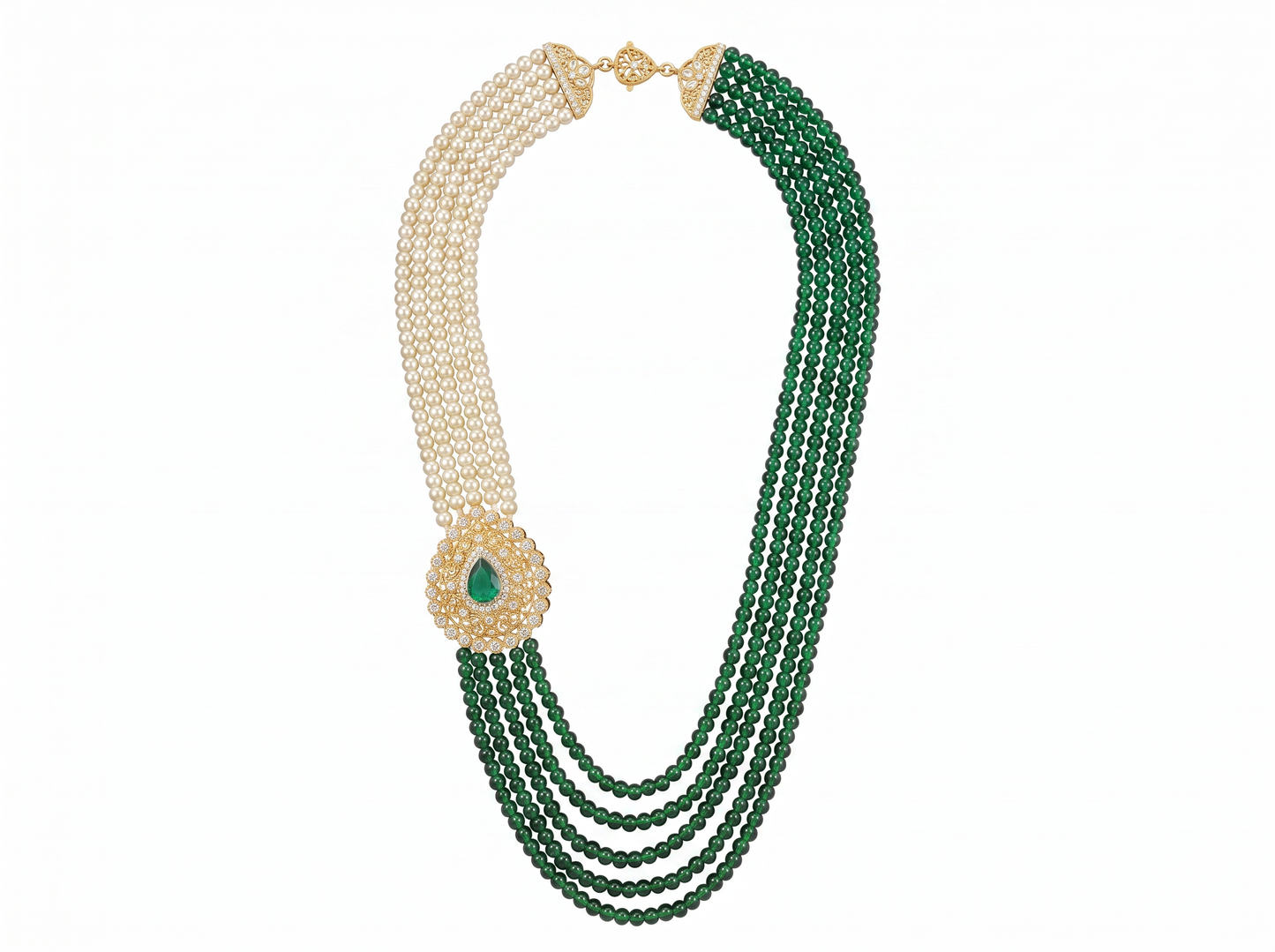 pearl & green bead multi-strand necklace with diamonds | heritage statement piece