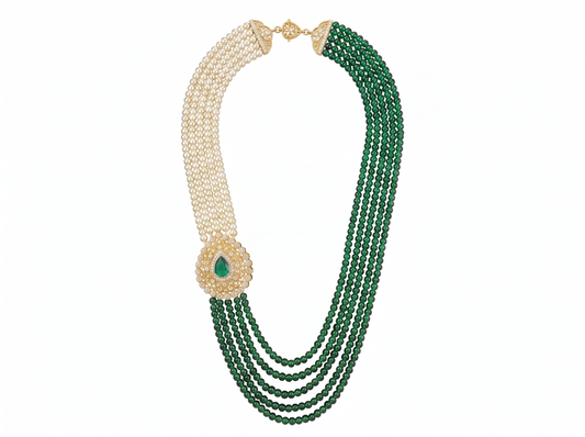 Pearl & Green Bead Multi-Strand Necklace with Diamonds | Heritage Statement Piece