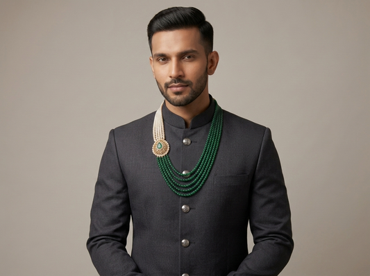 Pearl & Green Bead Multi-Strand Necklace with Diamonds | Heritage Statement Piece