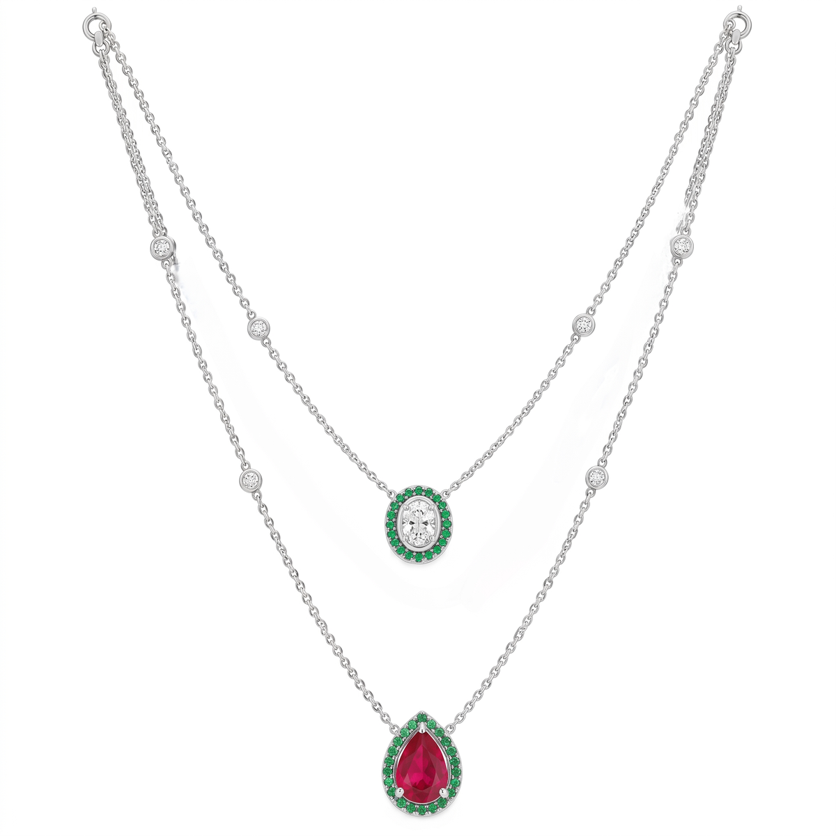 oval cut diamond & pear cut colorstone women's necklace | emerald halo double layer design