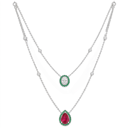 Oval Cut Diamond & Pear Cut Colorstone Women's Necklace | Emerald Halo Double Layer Design