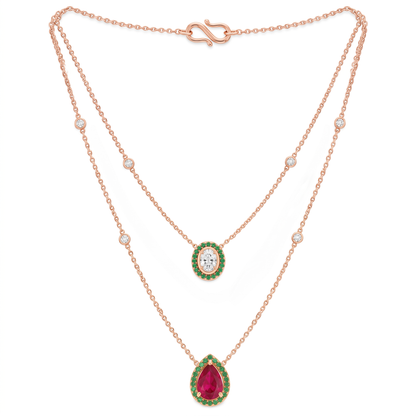 Oval Cut Diamond & Pear Cut Colorstone Women's Necklace | Emerald Halo Double Layer Design