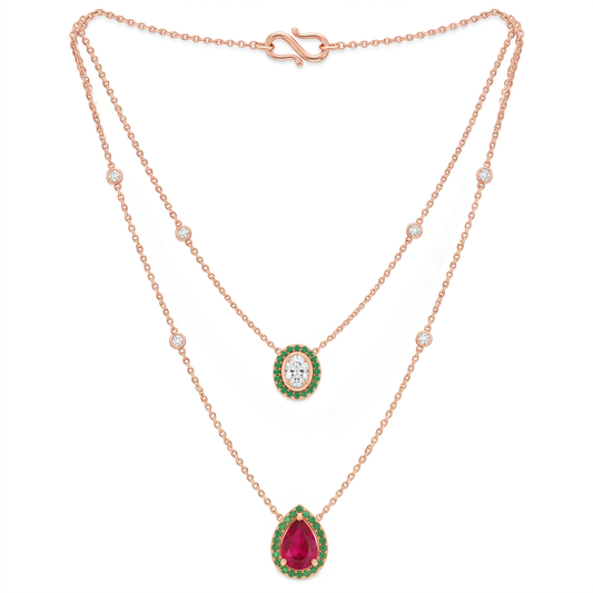 Oval Cut Diamond & Pear Cut Colorstone Women's Necklace | Emerald Halo Double Layer Design