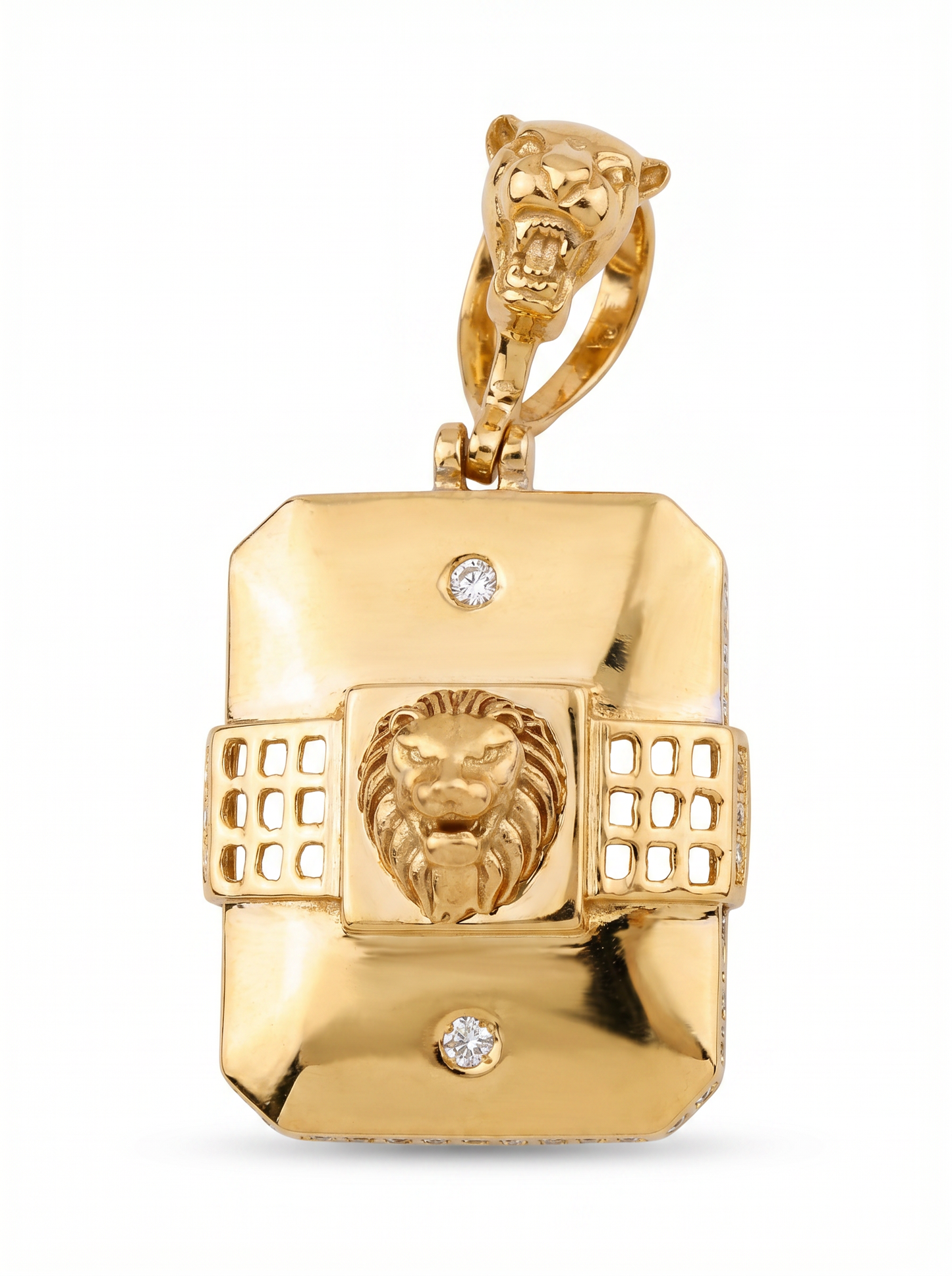 men’s round brilliant diamond pendant | lion head statement shield design