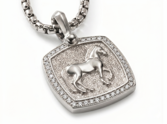 Men’s Horse Motif Pendant | Textured Shield Classic Equestrian Design