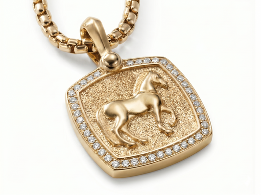 Men’s Horse Motif Pendant | Textured Shield Classic Equestrian Design