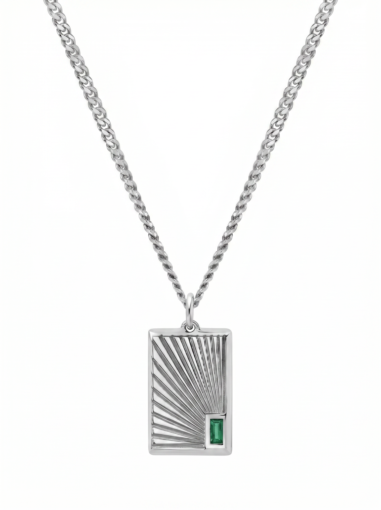 men’s emerald cut green stone pendant | geometric sunburst bar design