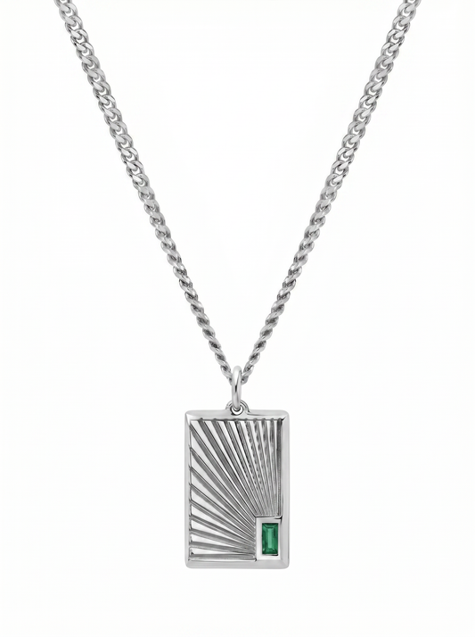 Men’s Emerald Cut Green Stone Pendant | Geometric Sunburst Bar Design